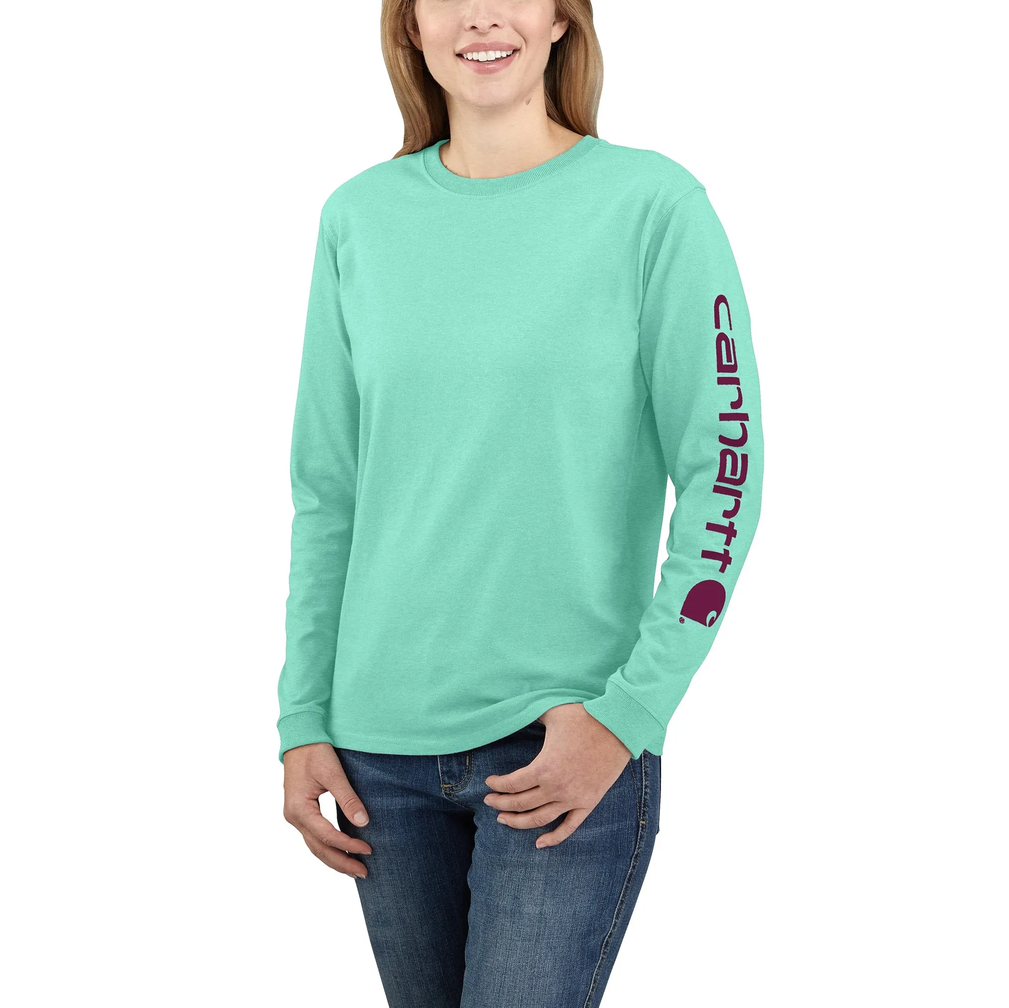 Carhartt Women's Heavyweight Long Sleeve Logo T-Shirt_Sea Green Heather sold by Work World