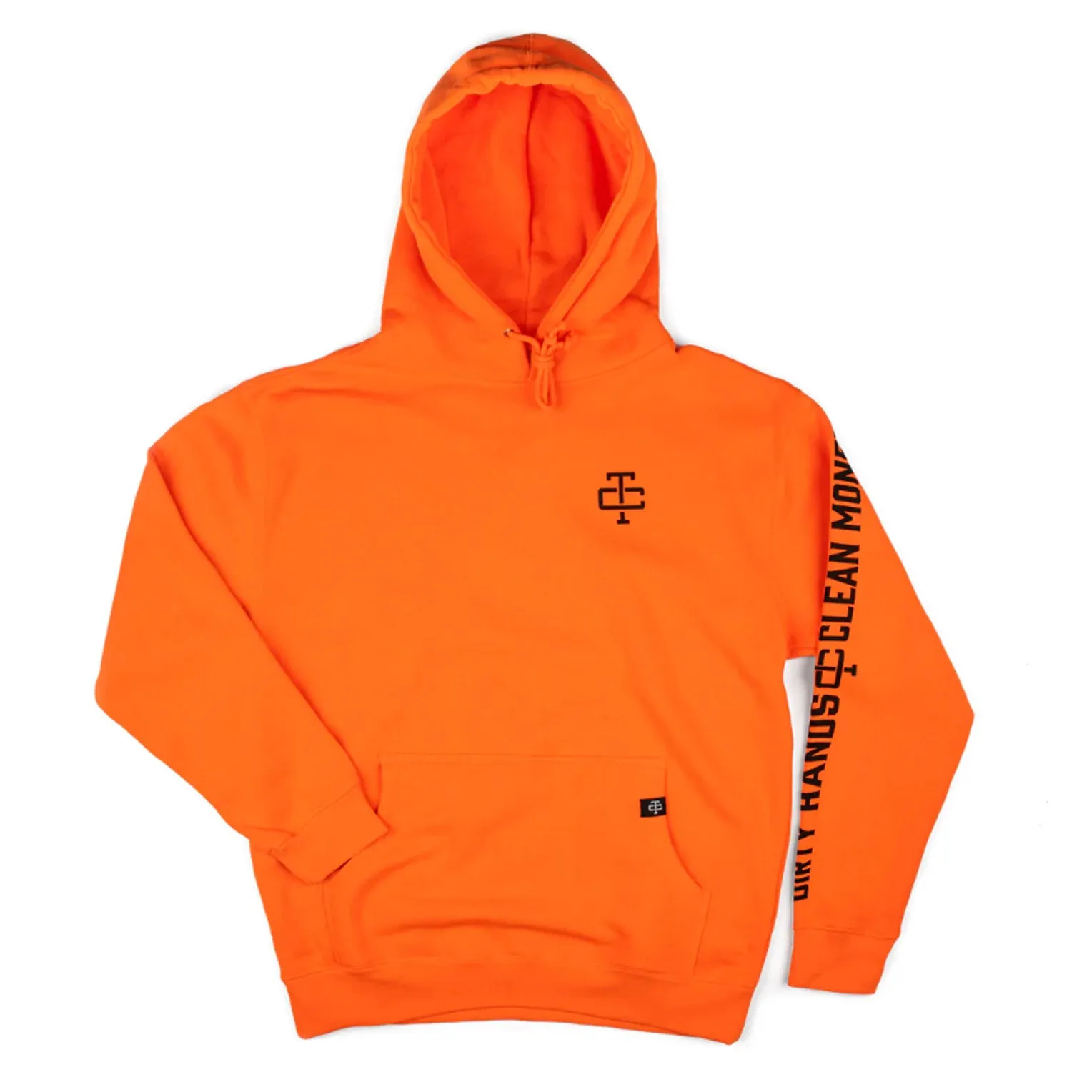 Troll Co. Men's Blaze Orange "Dirty Hands Clean Money" Sleeve Logo Hoodie sold by Work World