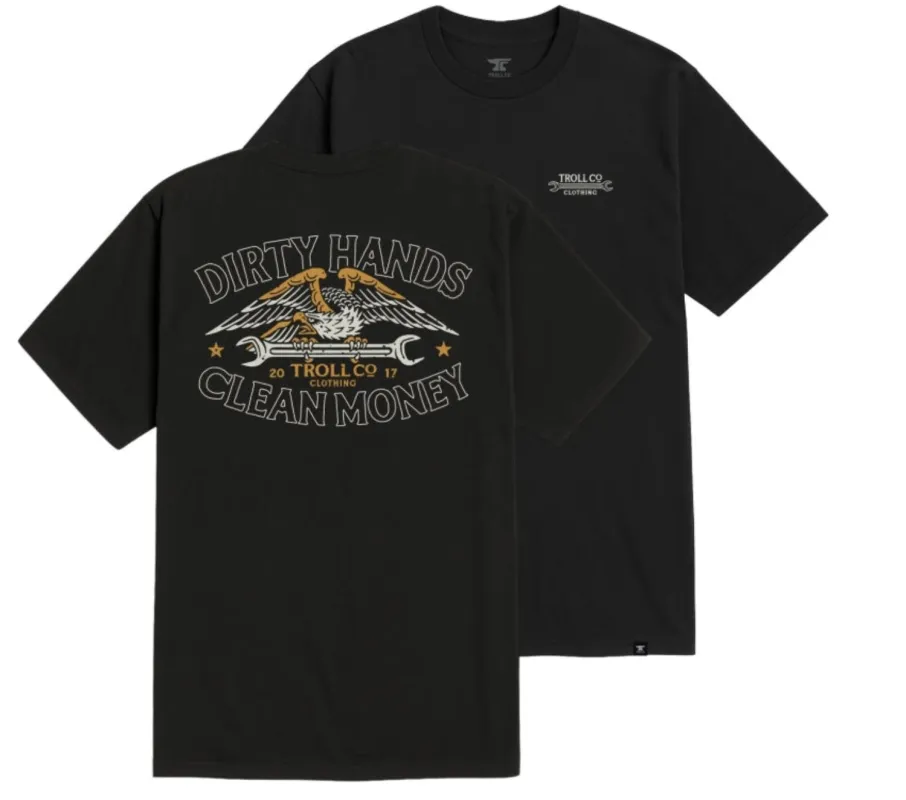 Troll Co. Men's "Dirty Hands Clean Money" Wing Spanner Graphic Short Sleeve T-Shirt sold by Work World