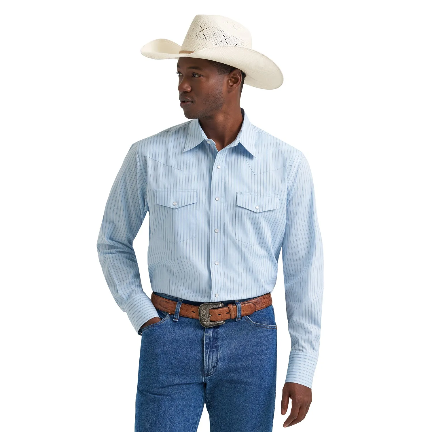 Wrangler Men's Long Sleeve Western Stripe Pearl Snap Shirt sold by Work World