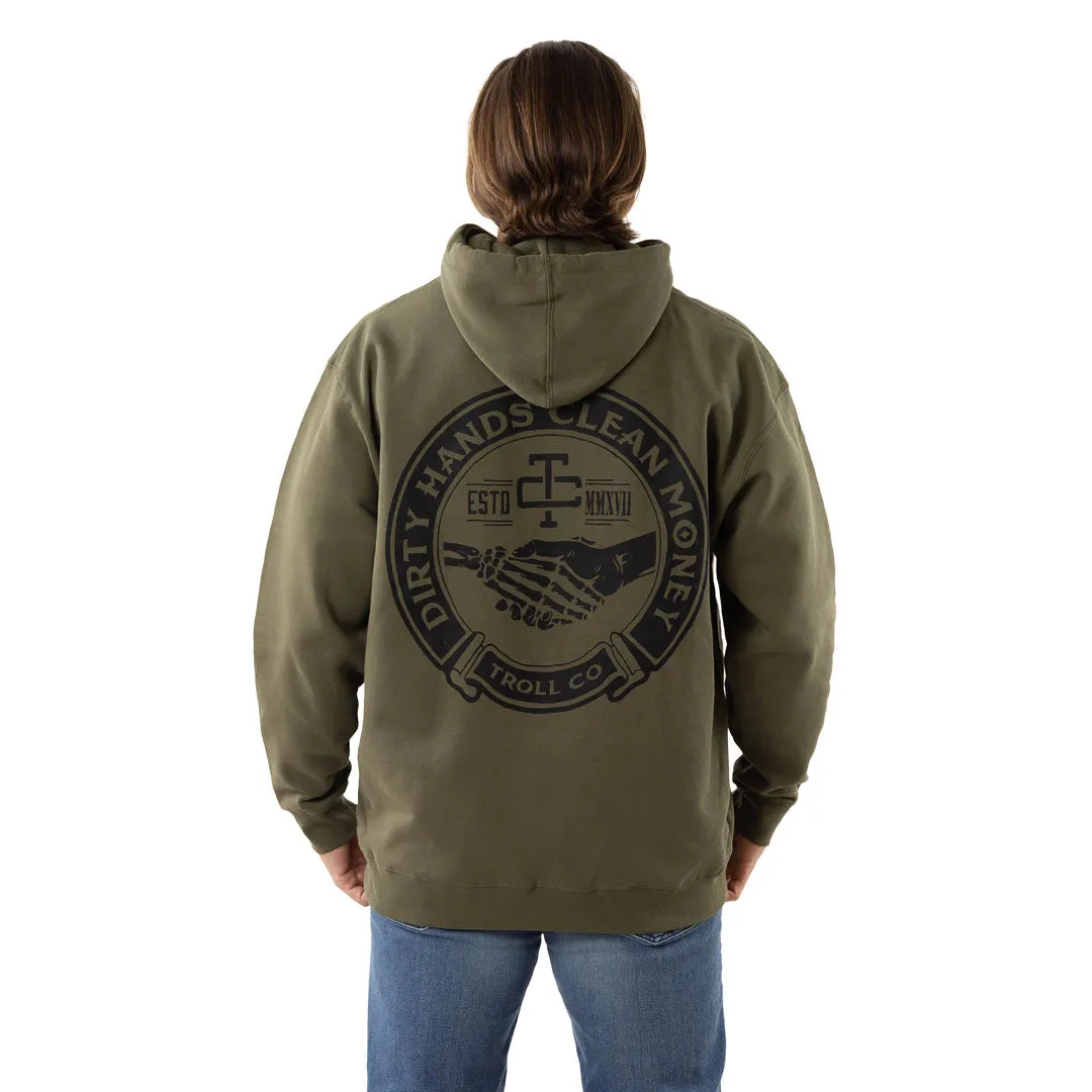 Troll Co. Men's Haggler "Dirty Hands Clean Money" Graphic Hooded Sweatshirt sold by Work World