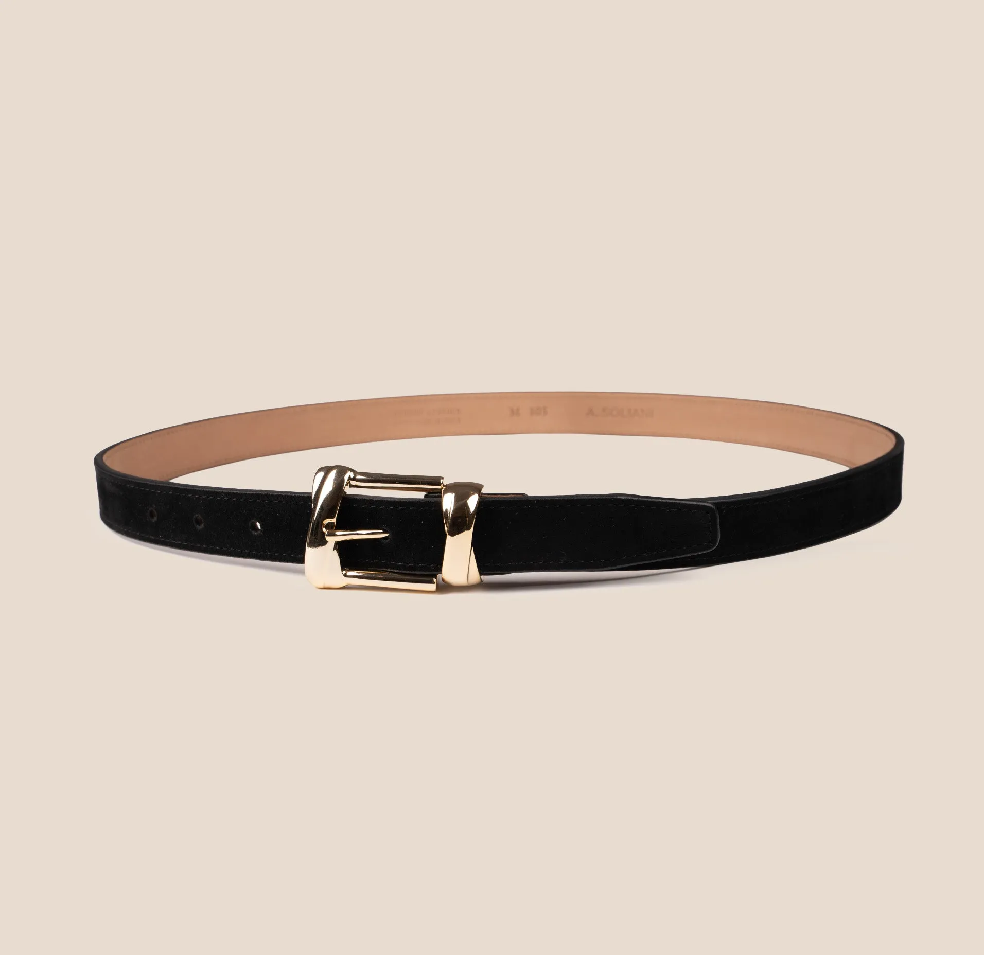 Belt - Gold Buckle Twist Black Suede sold by A.Soliani