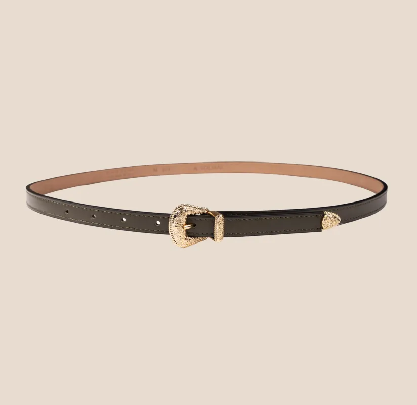 Belt - Western Buckle Olive Leather Skinny made by A.Soliani