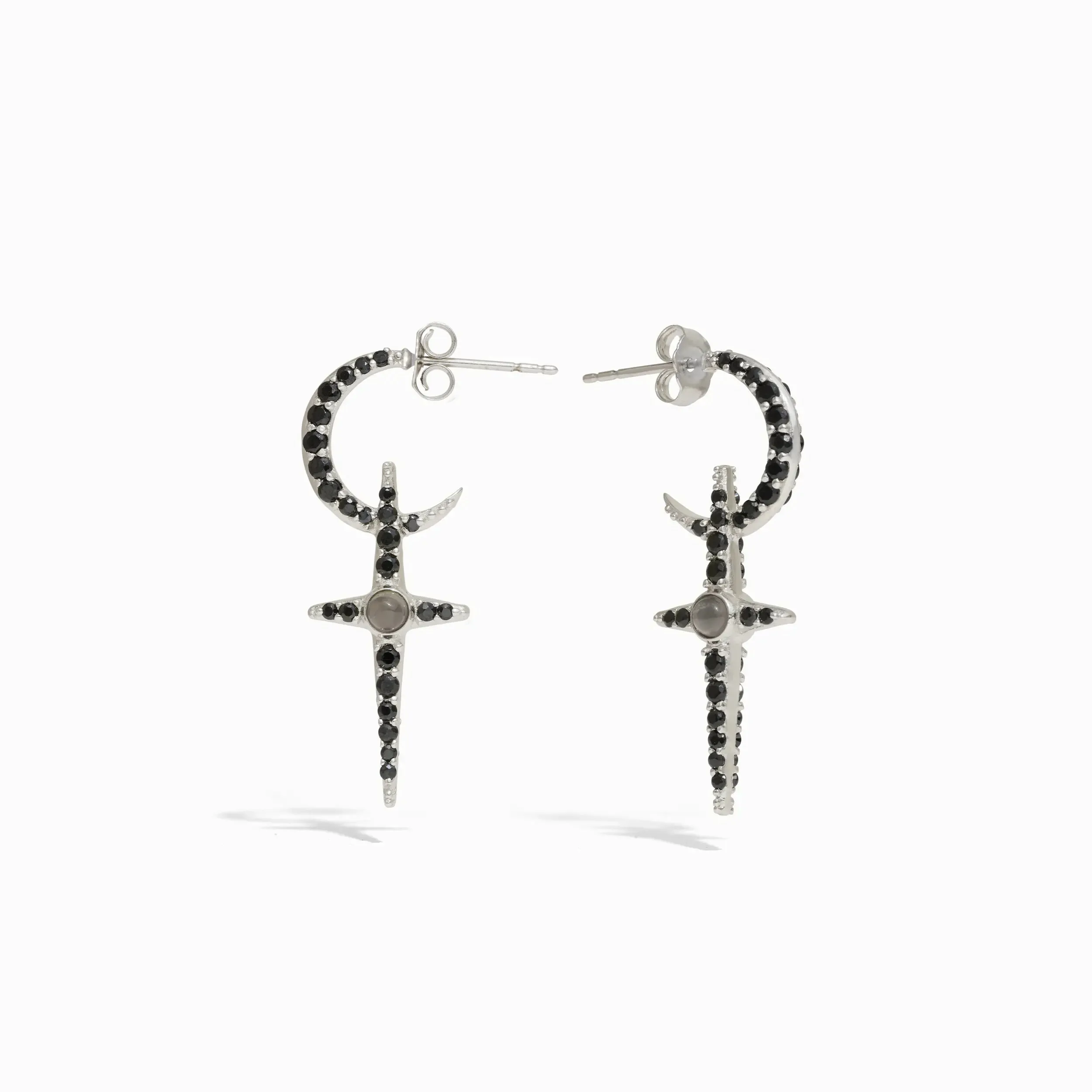 Grey Moonstone Crescent Cross Hoops sold by Awe Inspired