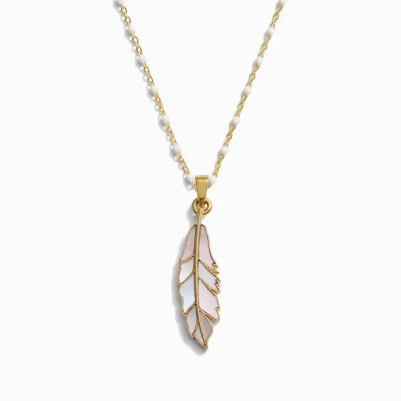 Mother of Pearl Feather White Enamel Necklace sold by Awe Inspired