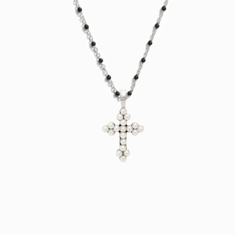 Pearl Cross Necklace with Black Enamel Chain sold by Awe Inspired