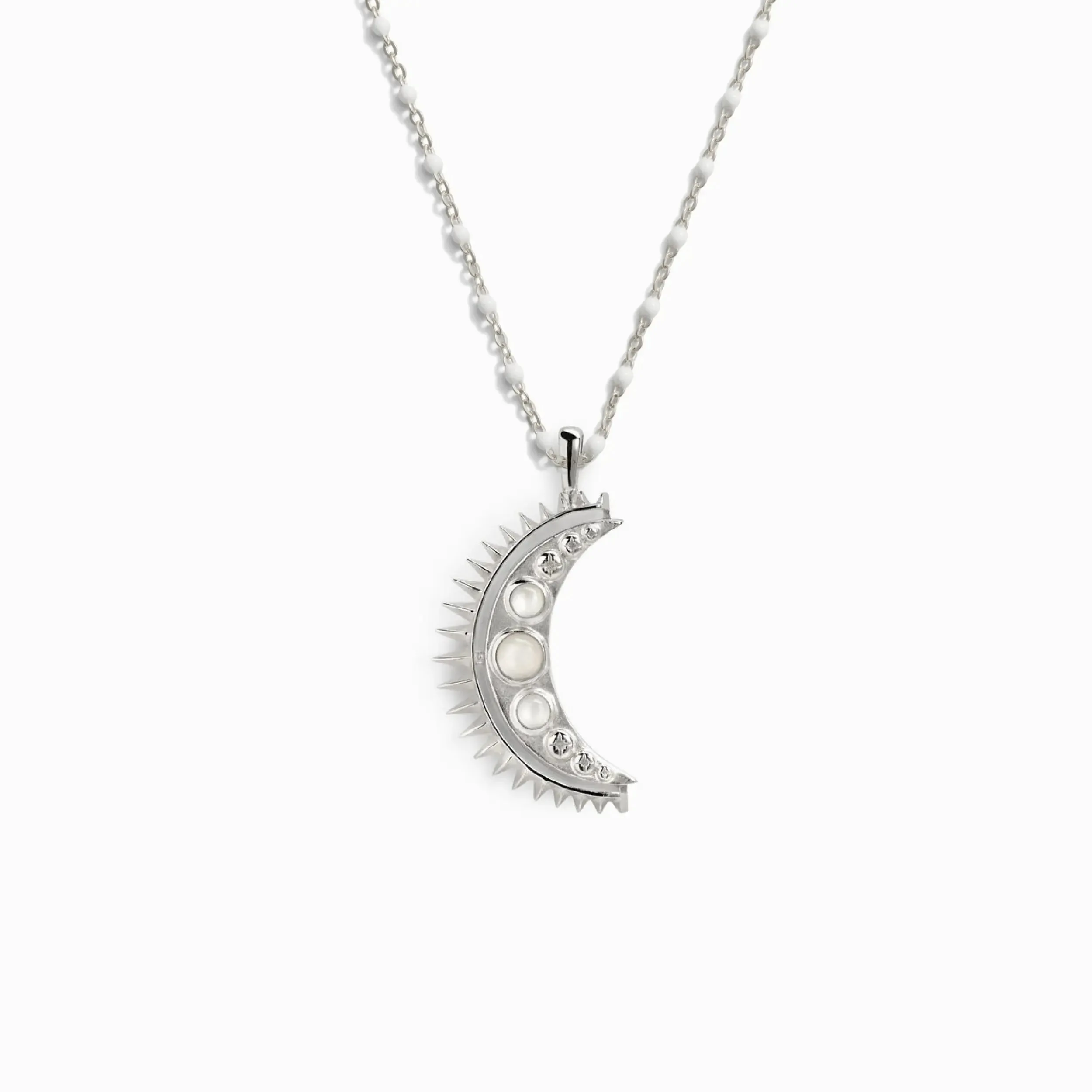 Moonstone Crescent + White Enamel Necklace sold by Awe Inspired