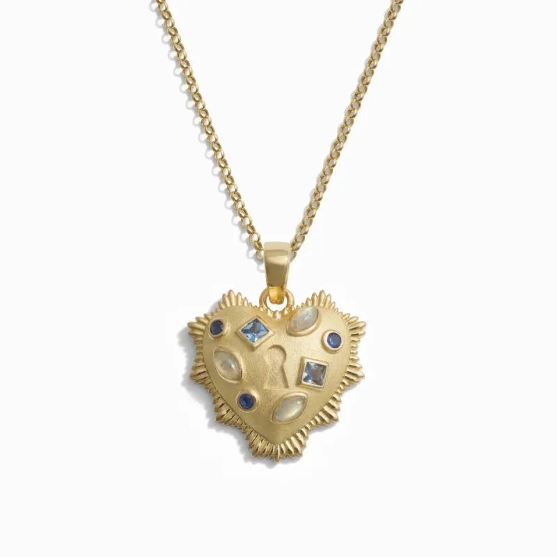 Blue Gemstone Locked Radiant Heart Necklace sold by Awe Inspired
