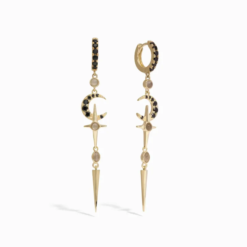 Grey Moonstone Crescent Cross Drop Earring sold by Awe Inspired