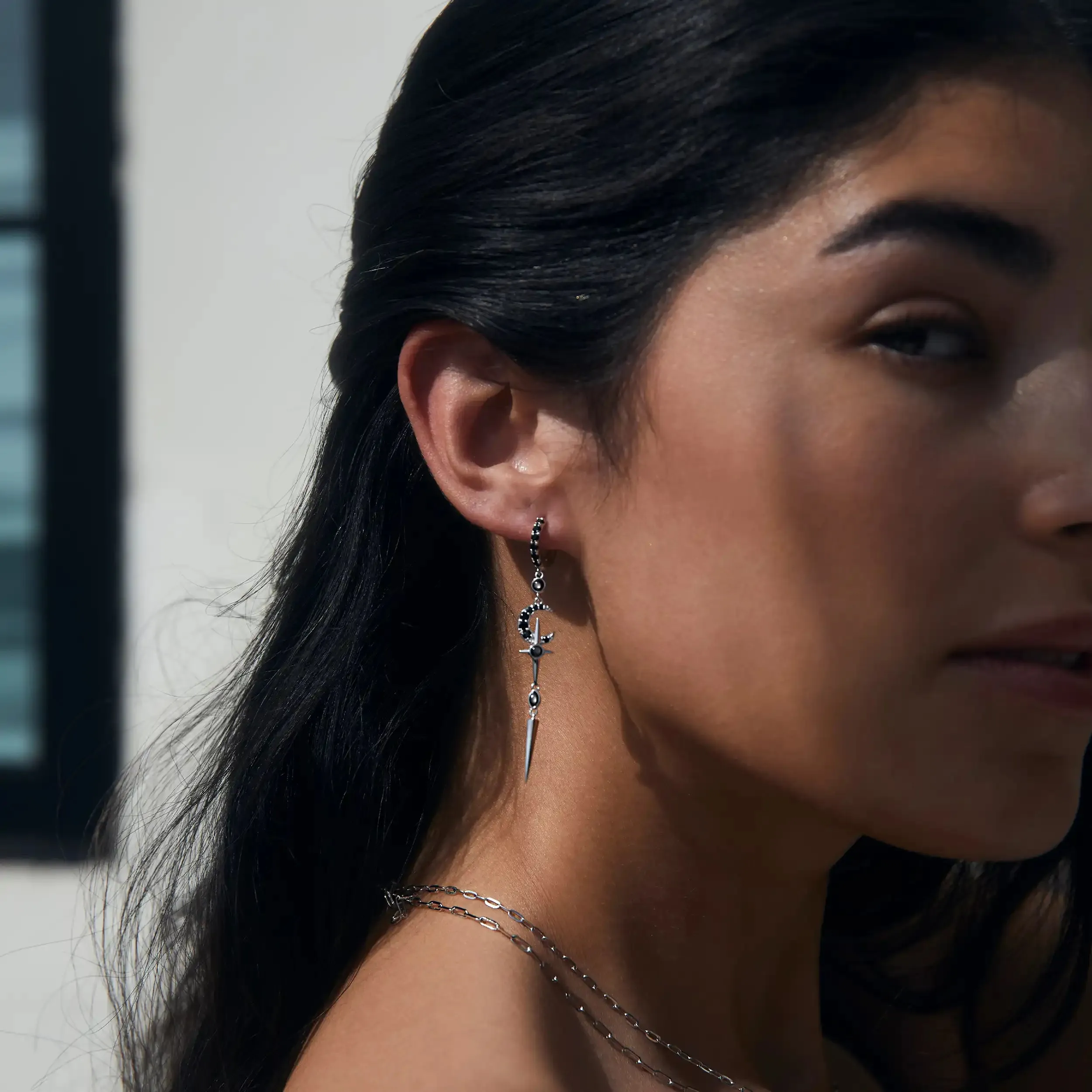 Grey Moonstone Crescent Cross Drop Earring sold by Awe Inspired product image thumbnail 2