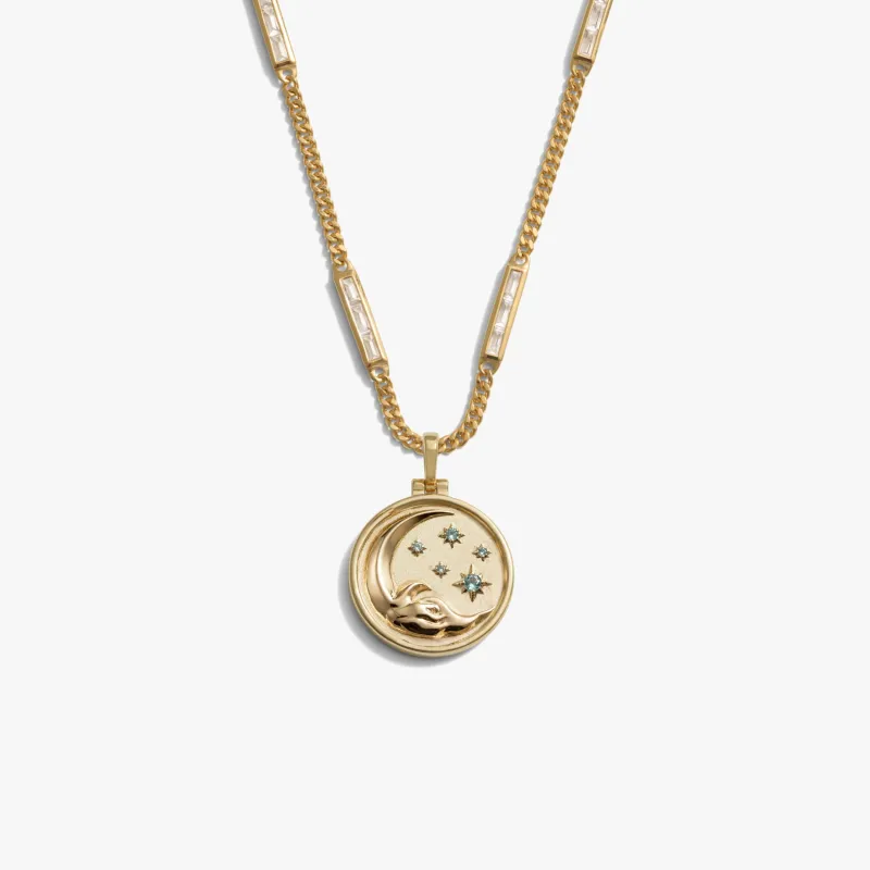 Jhené's Aquamarine Moon Wave Baguette Necklace made by Awe Inspired