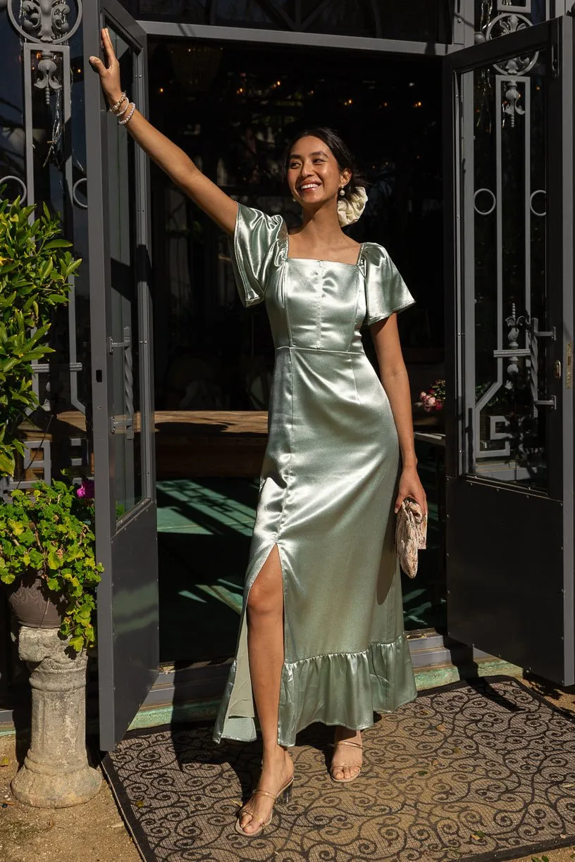 Maddie Dress in Sage Satin sold by Ivy City Co