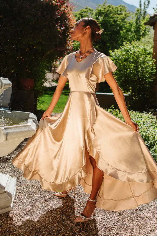 Callie Dress in Champagne Satin sold by Ivy City Co