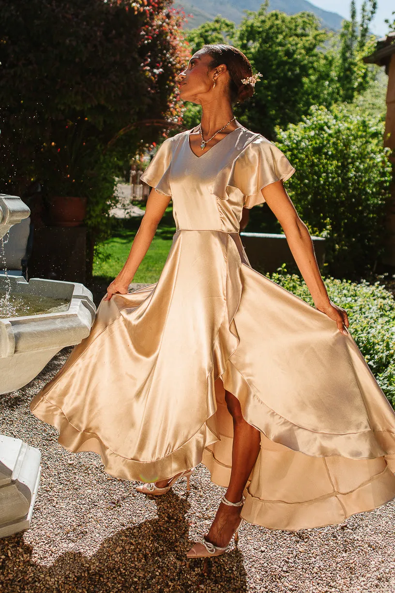 Callie Dress in Champagne Satin sold by Ivy City Co