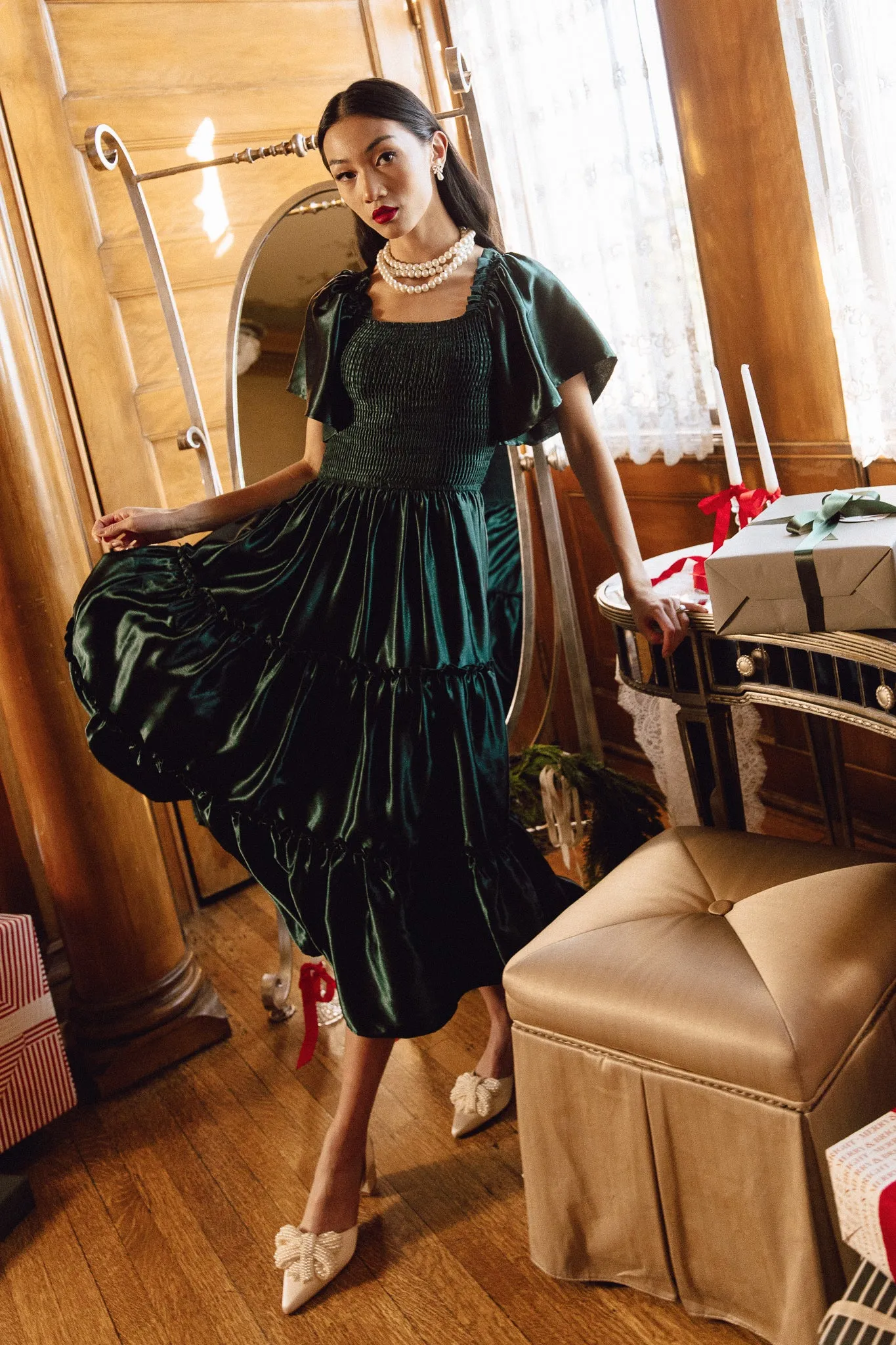 Ellie Dress in Emerald Satin - FINAL SALE sold by Ivy City Co