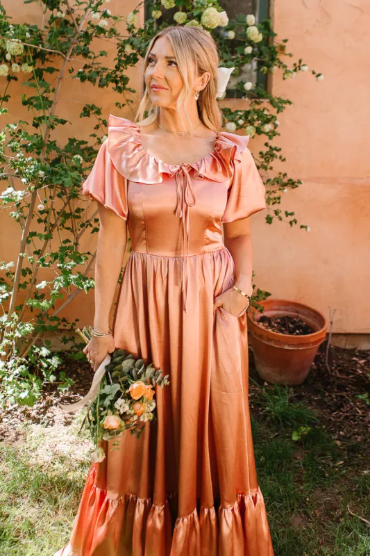 Billie Dress in Apricot Crush Satin sold by Ivy City Co