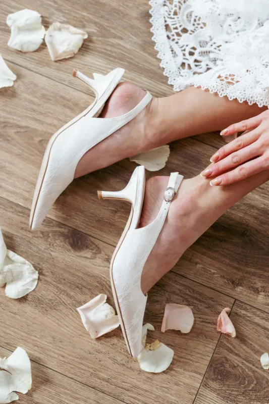 Ivy Lace Kitten Heel in White sold by Ivy City Co