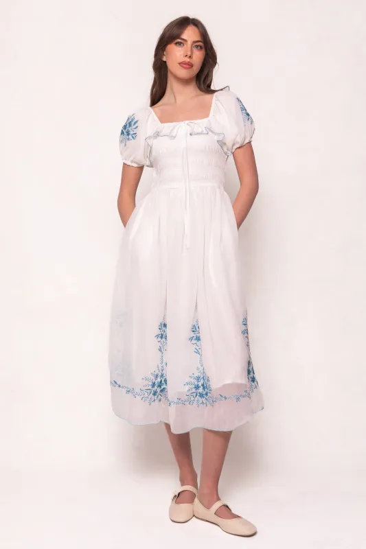 Mae Dress in White with Blue Floral sold by Ivy City Co