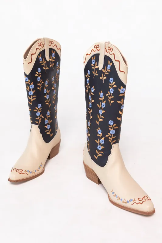 Rosemary Cowgirl Boots in Cream & Navy sold by Ivy City Co