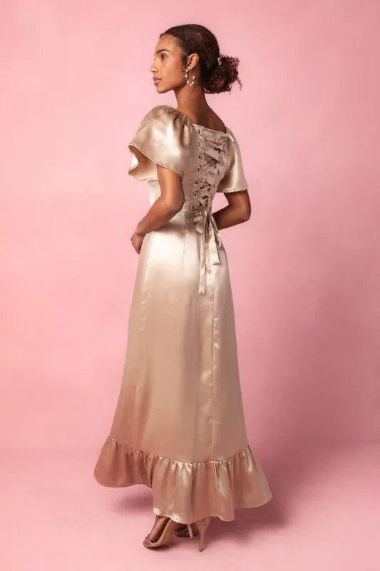Maddie Dress in Champagne Satin sold by Ivy City Co