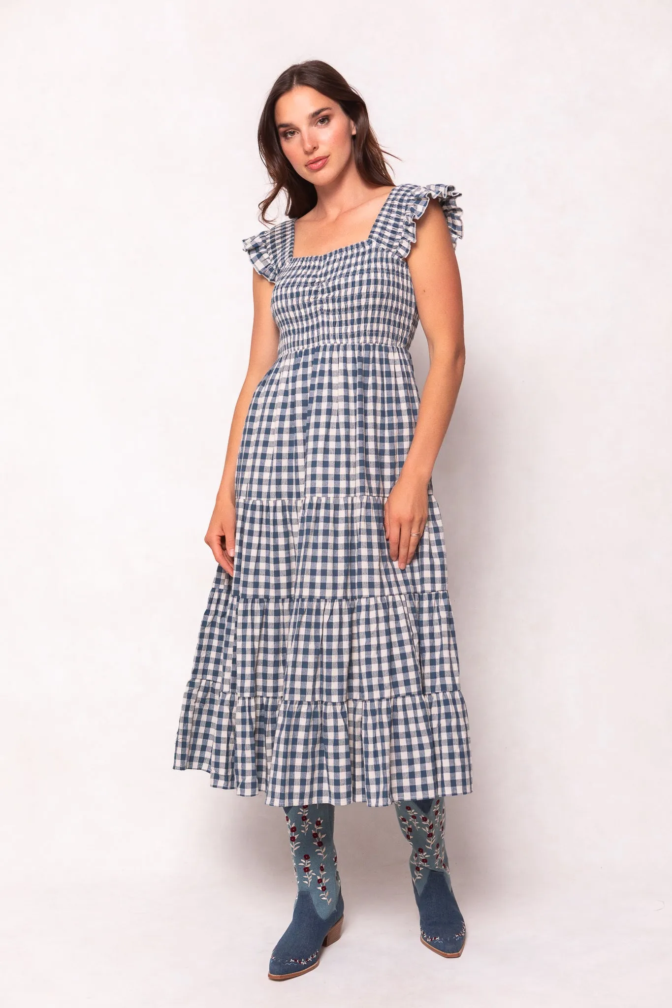 Hailey Dress in Indigo Gingham sold by Ivy City Co