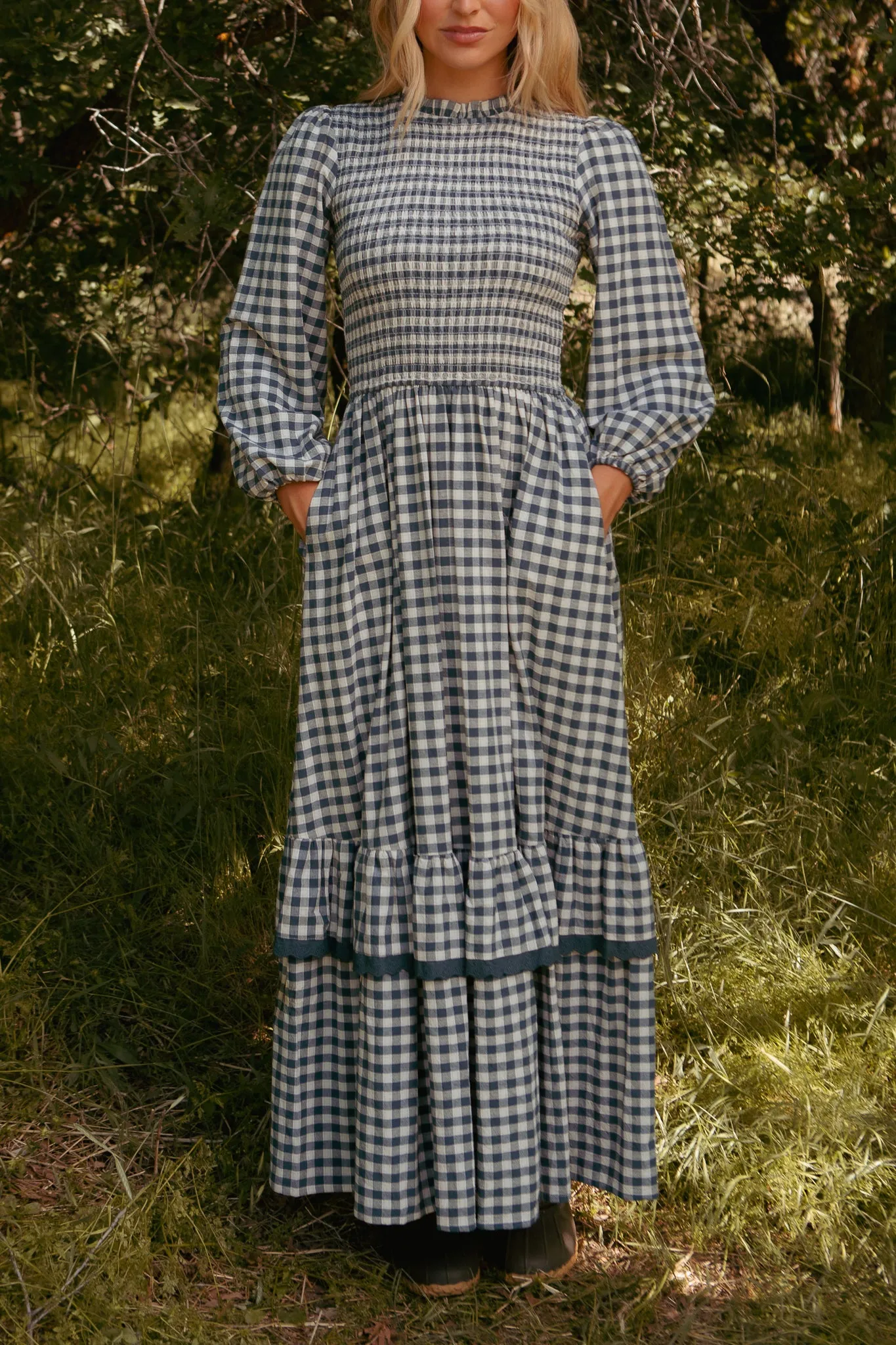 Presley Dress in Indigo Gingham sold by Ivy City Co