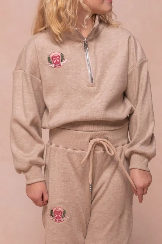 Mini Ivy Half Zip Pullover Embroidered Sweatshirt in Oatmeal sold by Ivy City Co