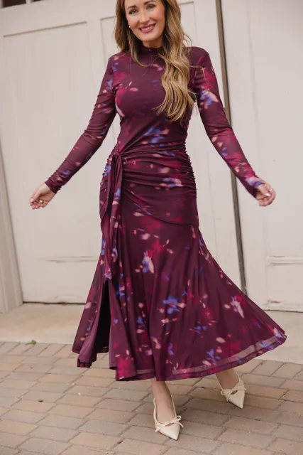 Aubriella Dress in Burgundy Floral sold by Ivy City Co