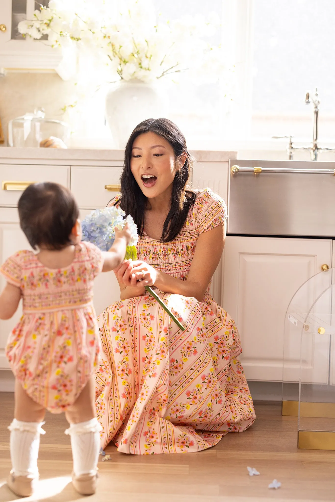 Marlow Cap Sleeve Dress in Peach Handpainted Flora Stripe sold by Ivy City Co product image thumbnail 2