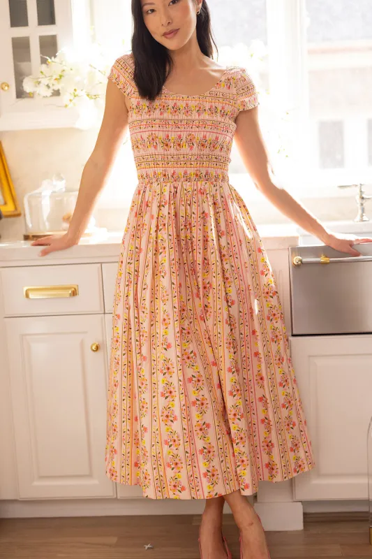 Marlow Cap Sleeve Dress in Peach Handpainted Flora Stripe made by Ivy City Co