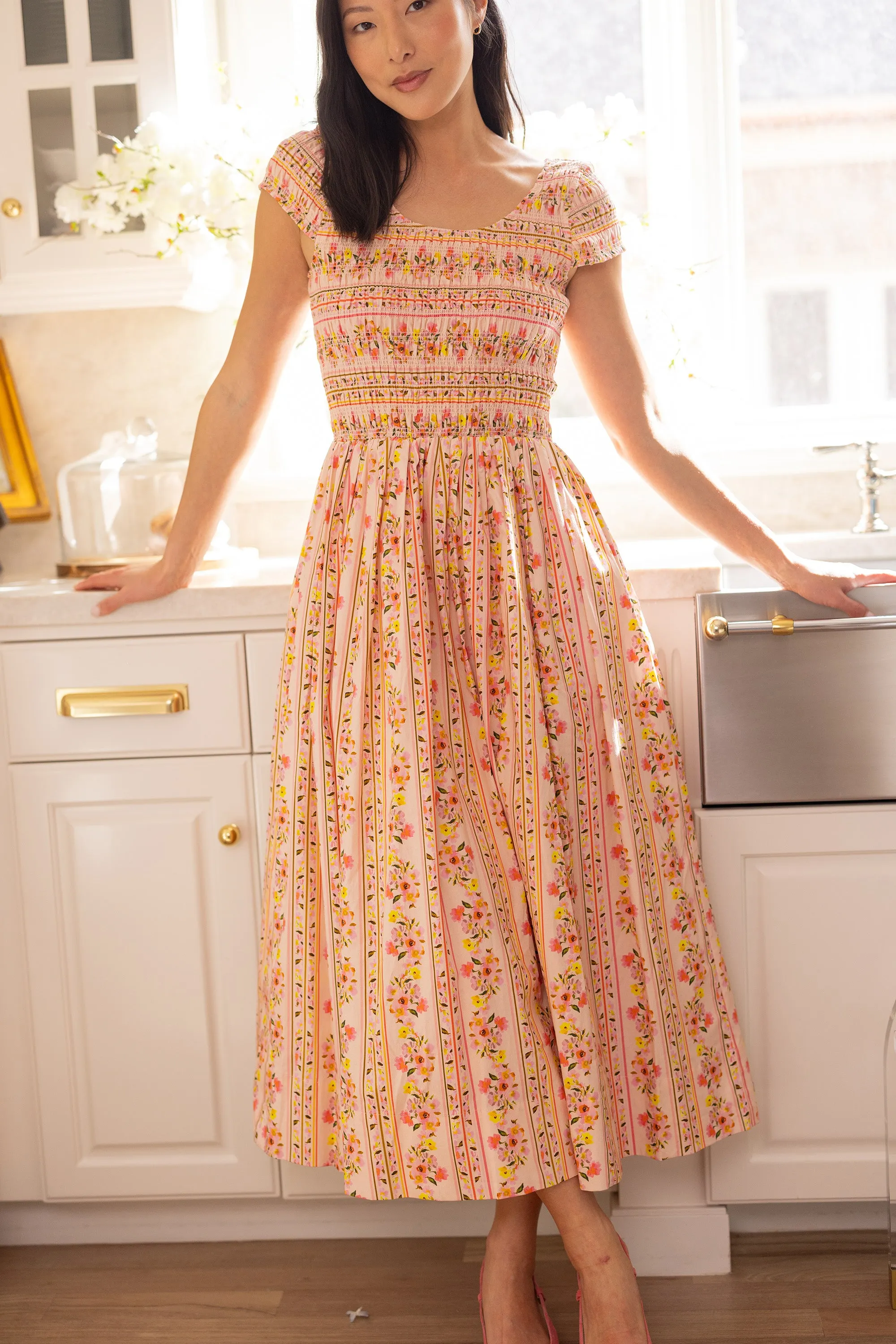 Marlow Cap Sleeve Dress in Peach Handpainted Flora Stripe sold by Ivy City Co