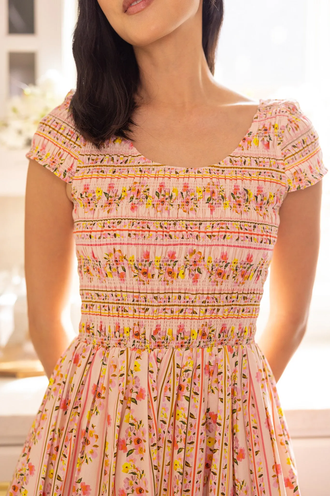 Marlow Cap Sleeve Dress in Peach Handpainted Flora Stripe sold by Ivy City Co product image thumbnail 5