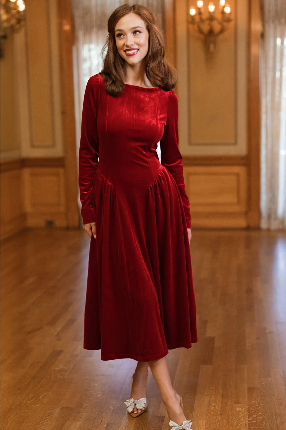 Vera June Dress in Poinsettia Velvet sold by Ivy City Co
