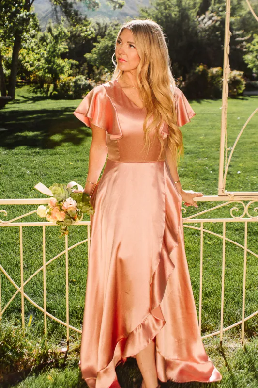 Callie Dress in Apricot Crush Satin sold by Ivy City Co