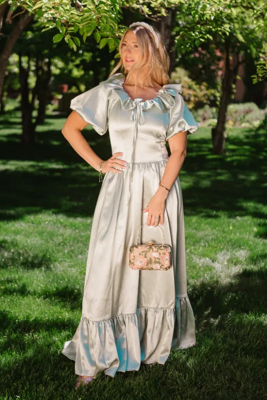 Billie Dress in Sage Satin sold by Ivy City Co
