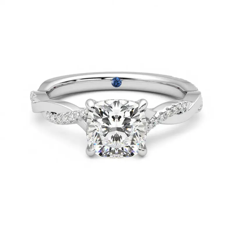 Twisted Band Cushion Cut Moissanite Engagement Ring with Hidden Anniversary Stone Accent sold by MSBLUE Jewelry