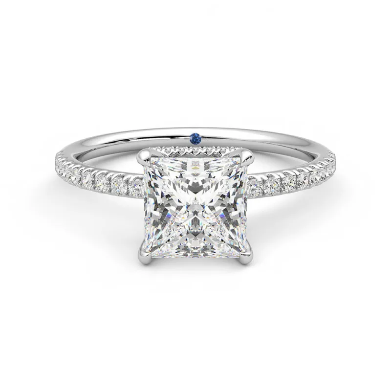 Princess Cut Moissanite Engagement Ring with Hidden Halo and Anniversary Stone Accent sold by MSBLUE Jewelry
