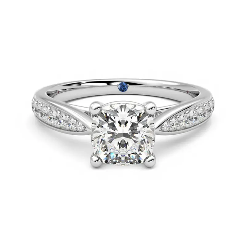 Cushion Cut Moissanite Engagement Ring with Pavé Band and Hidden Anniversary Stone Accent sold by MSBLUE Jewelry