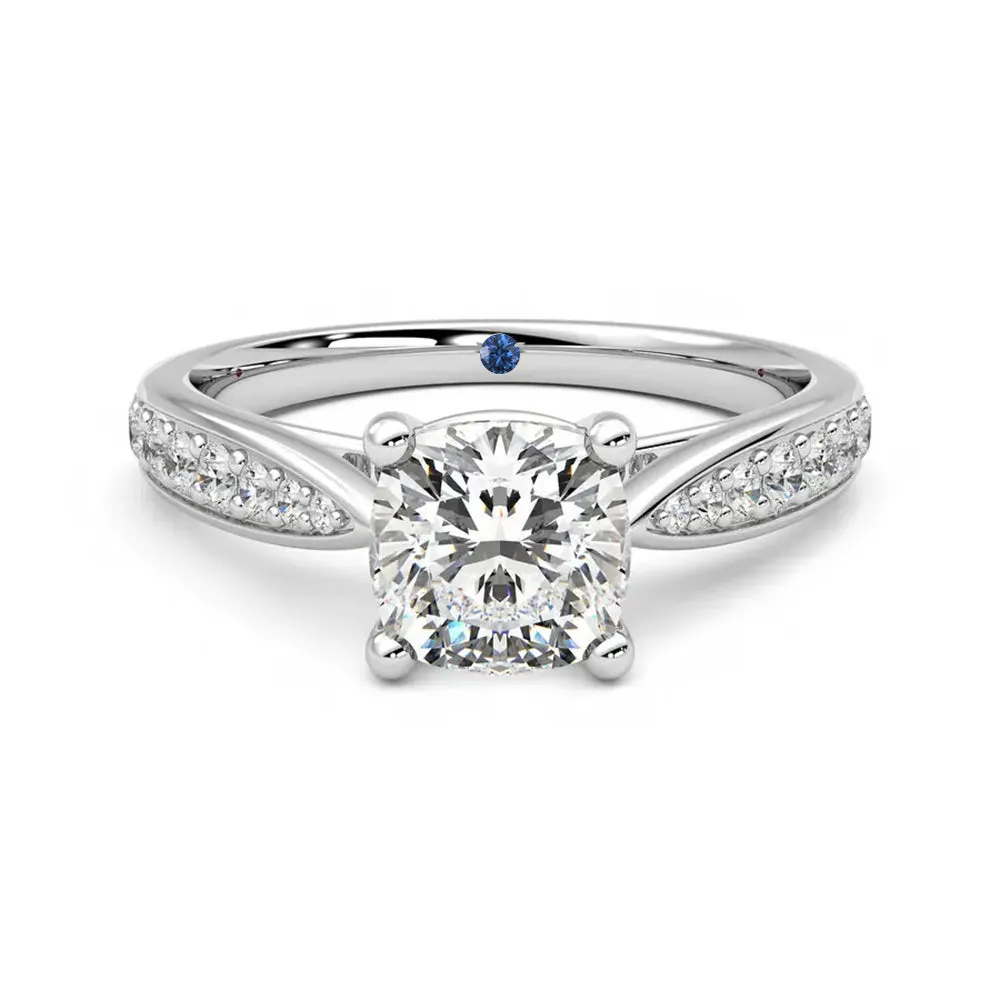 Cushion Cut Moissanite Engagement Ring with Pavé Band and Hidden Anniversary Stone Accent sold by MSBLUE Jewelry