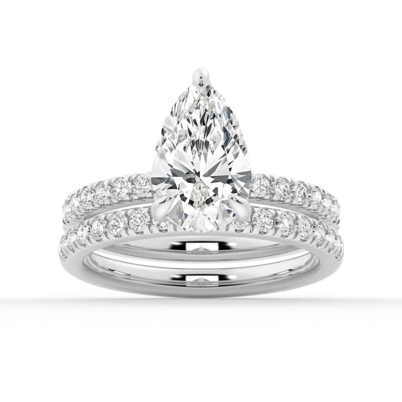 Pear-Shaped Pavé Band Moissanite Engagement Ring With Hidden Halo Ring Set sold by MSBLUE Jewelry