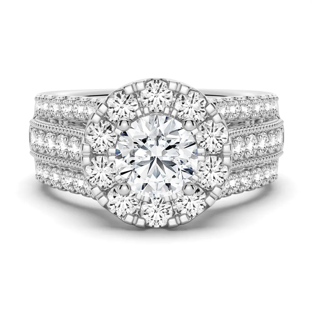 Vintage Round Moissanite Halo Engagement Ring With Triple Shank Band sold by MSBLUE Jewelry