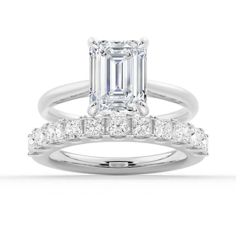 Emerald Cut Hidden Halo Moissanite Ring Set with Matching Wedding Band sold by MSBLUE Jewelry