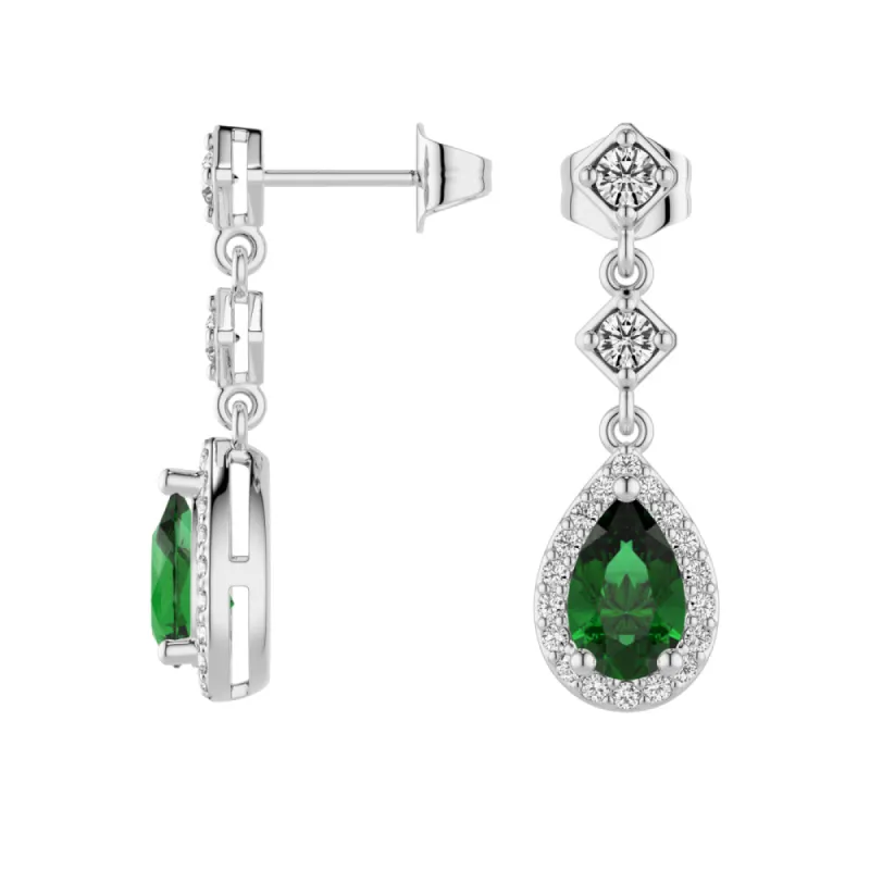 1.24 CT. Pear Emerald Drop Earrings with Pavé Halo sold by MSBLUE Jewelry