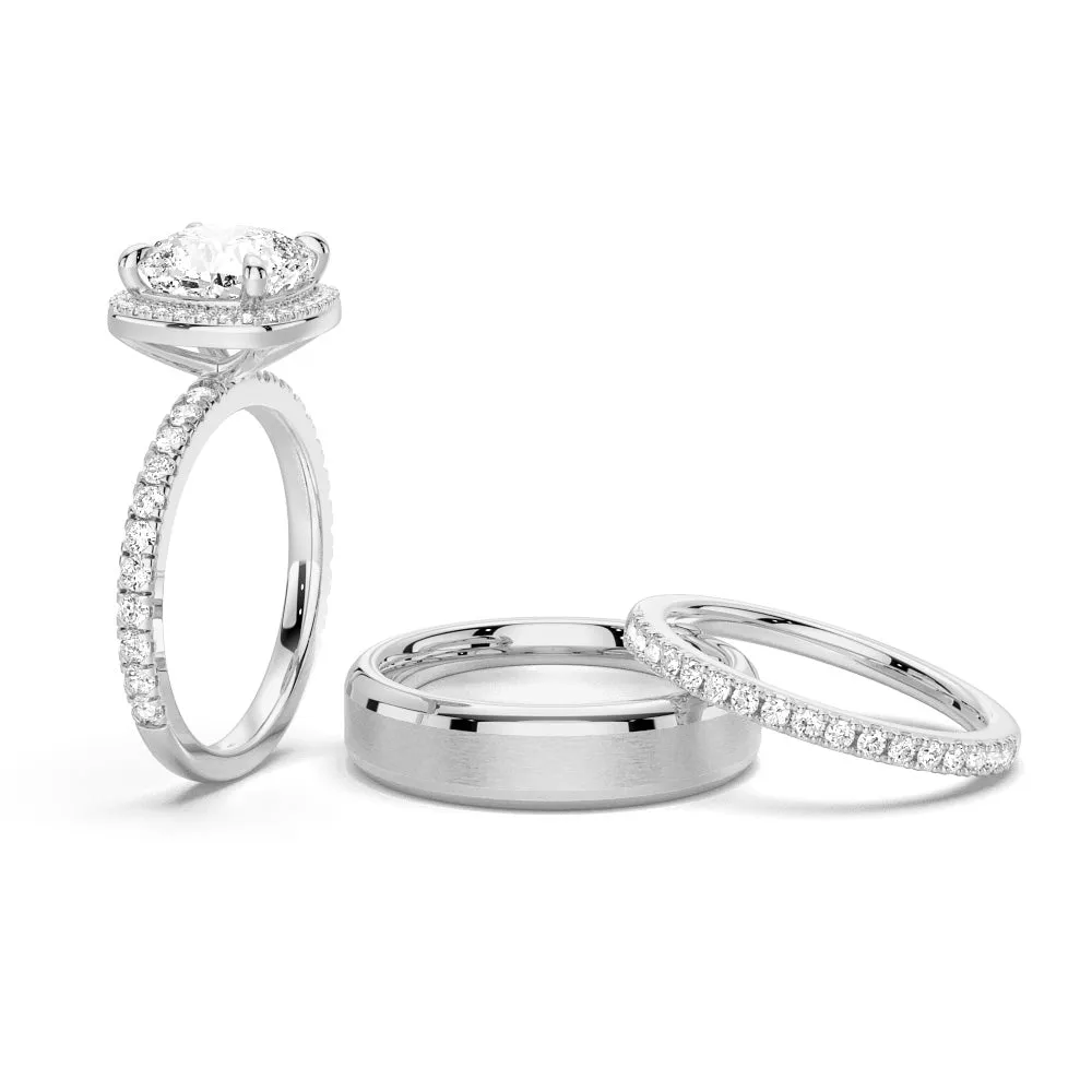 Cushion Cut Halo Moissanite Couple's Ring Set with Men's Wedding Band sold by MSBLUE Jewelry