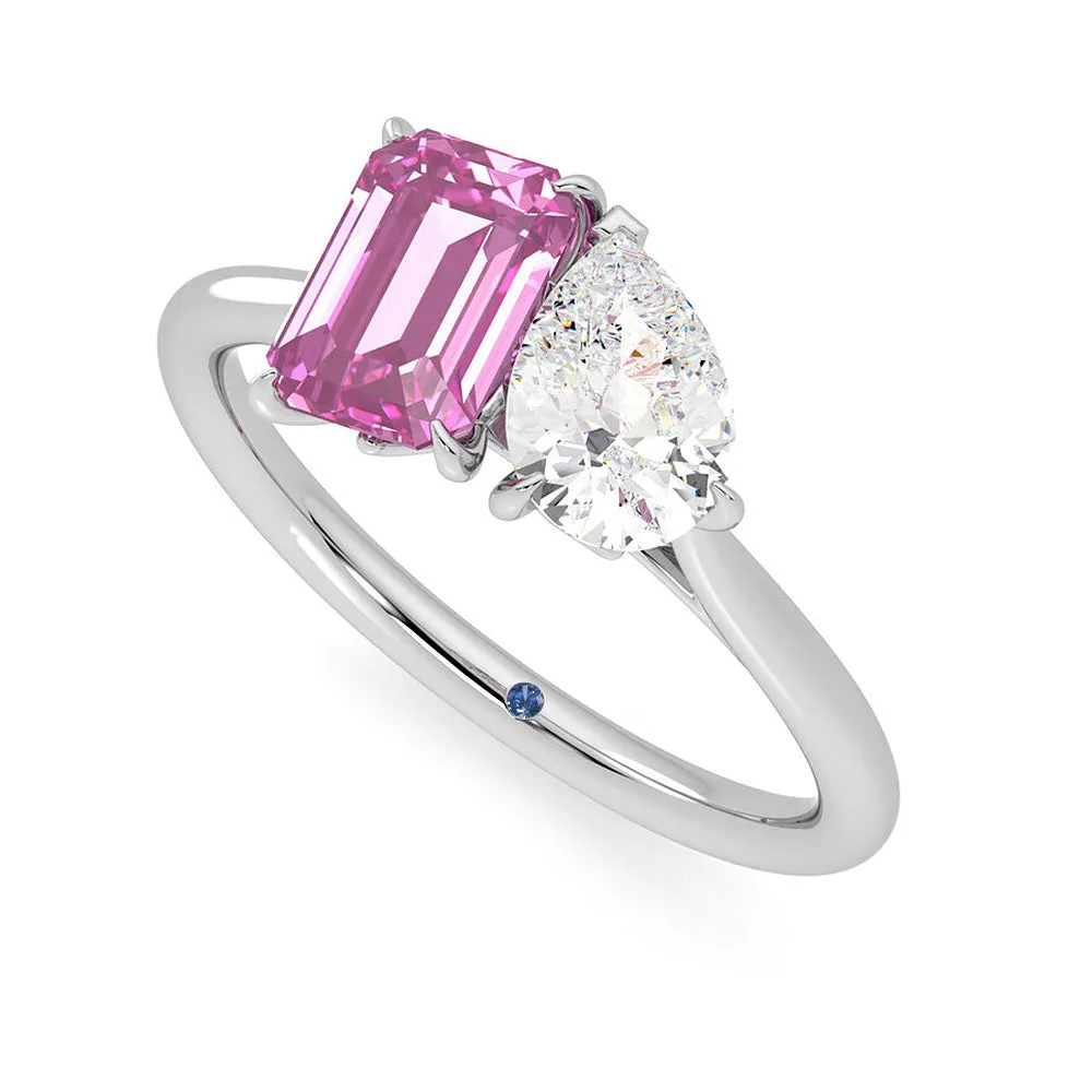 Toi et Moi Pear Shaped Moissanite and Emerald Cut Pink Sapphire Engagement Ring sold by MSBLUE Jewelry product image thumbnail 2