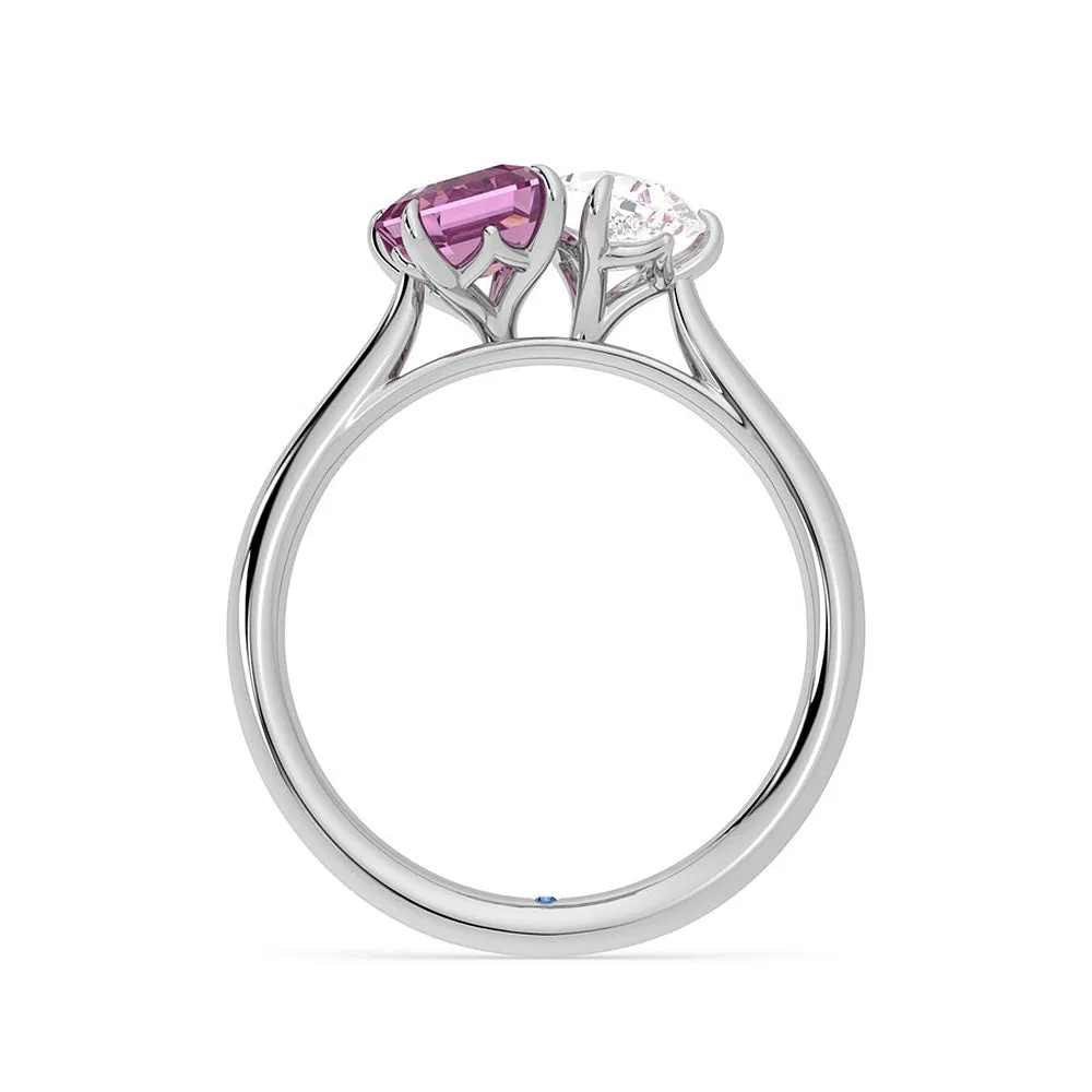 Toi et Moi Pear Shaped Moissanite and Emerald Cut Pink Sapphire Engagement Ring sold by MSBLUE Jewelry product image thumbnail 3