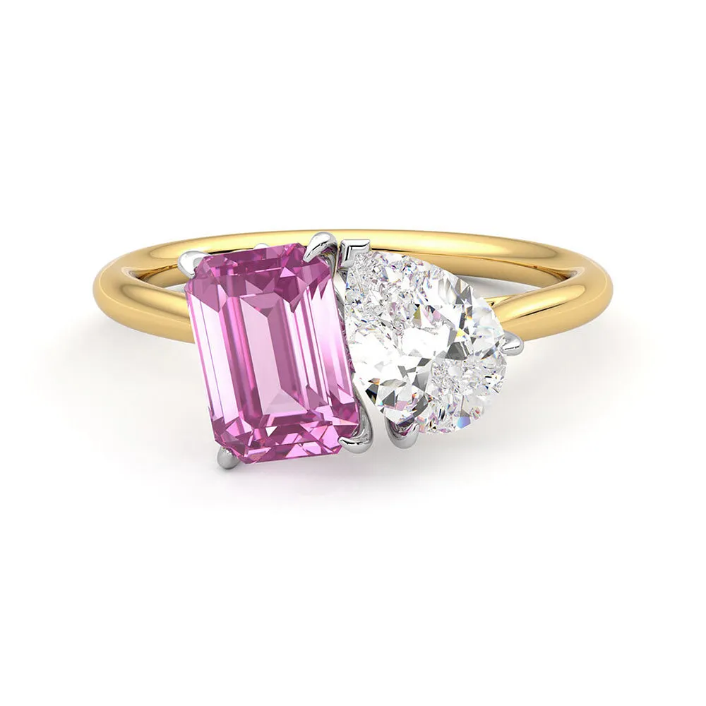 Toi et Moi Pear Shaped Moissanite and Emerald Cut Pink Sapphire Engagement Ring sold by MSBLUE Jewelry product image thumbnail 4