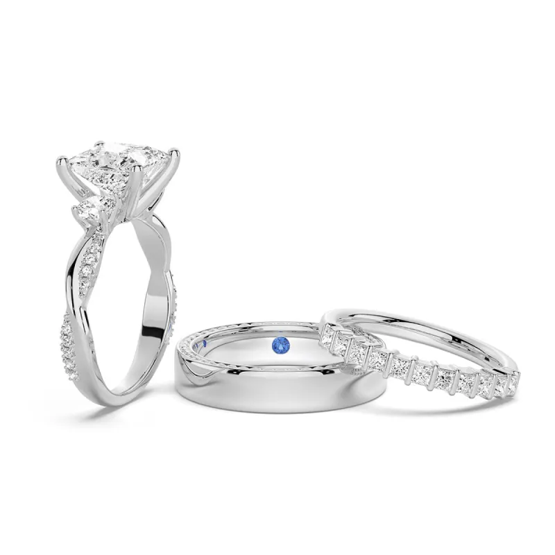 Twist Vine Princess-Cut Moissanite Couple's Ring Set with Men's Wedding Band sold by MSBLUE Jewelry