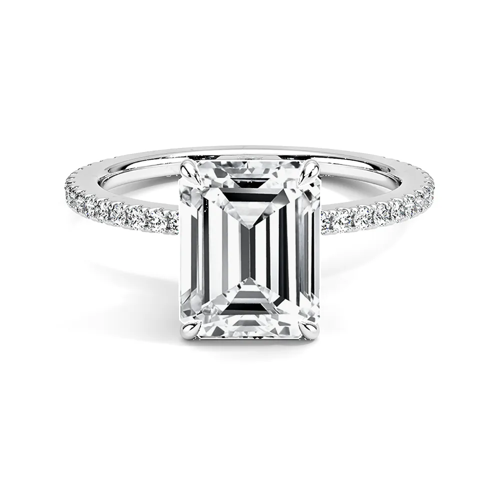 Prong Accented Emerald Cut Engagement Ring With Hidden Halo sold by MSBLUE Jewelry