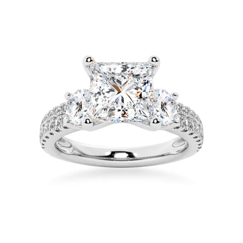 NEW Double Row Pave Three Stone Princess Cut Moissanite Engagement Ring sold by MSBLUE Jewelry